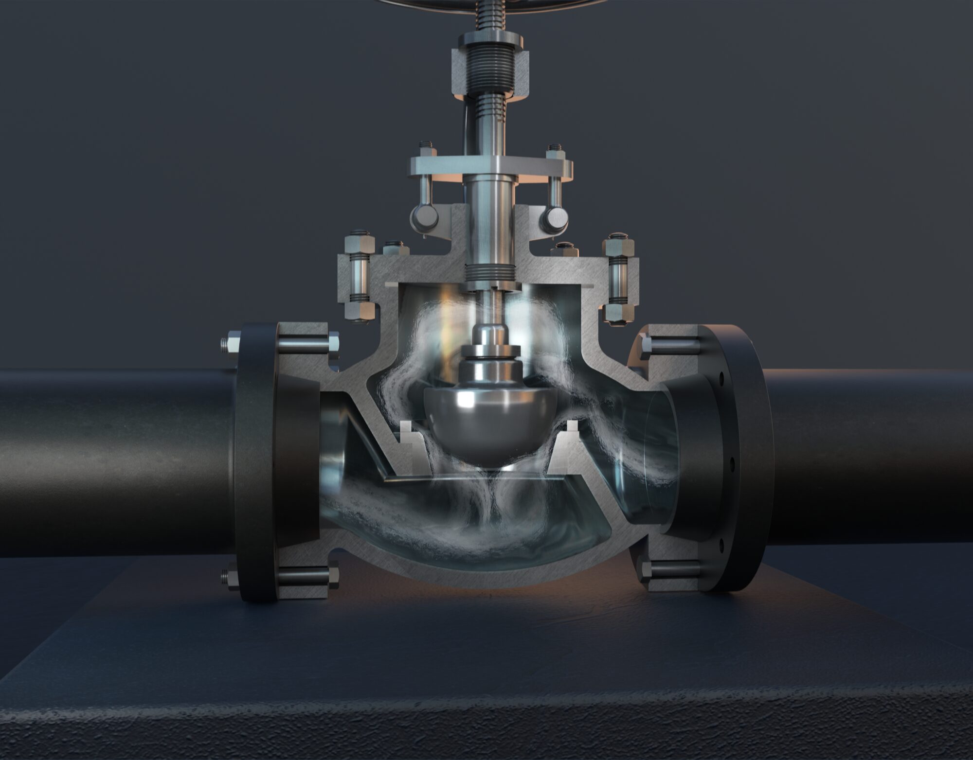 Atlas SSCV globe valve cavitation test with bubbles